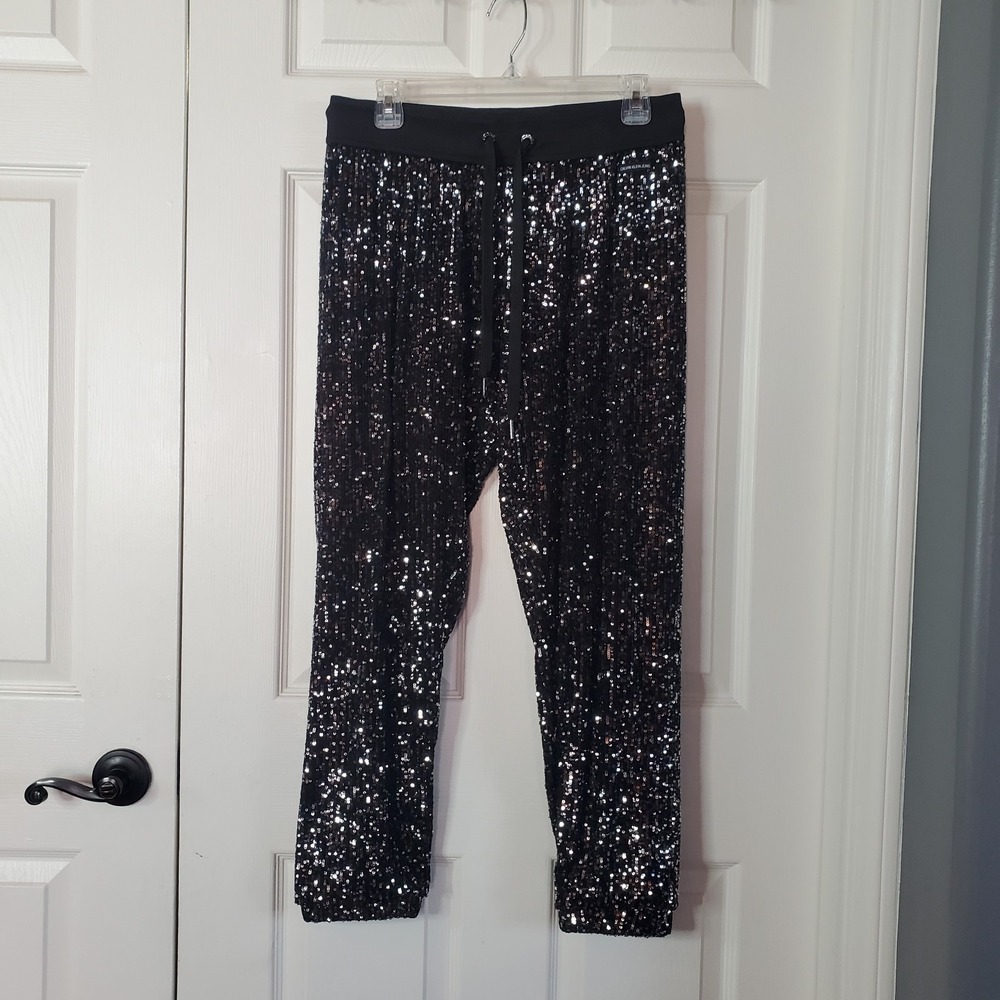 Calvin Klein Black Sequin Jogger Pants Elastic Waist Cuffed Hem Retro Disco Med